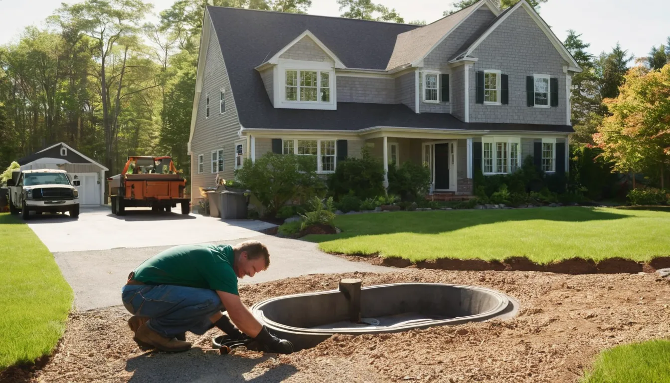 A friendly provider checking a septic tank lid in a tidy yard near Brockton